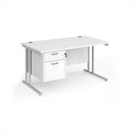 Wooden office desk with two drawers and metal legs on a white background