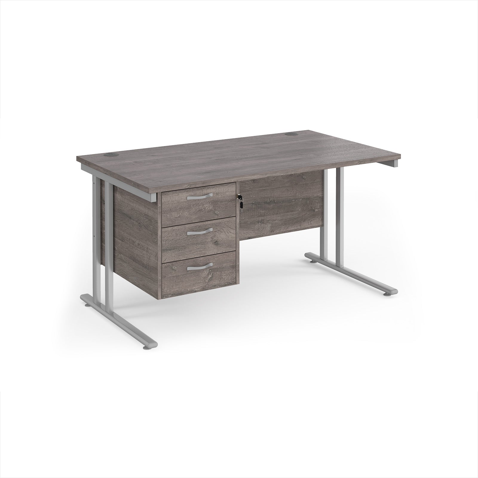 Grey office desk with metal legs and three drawers on a white background