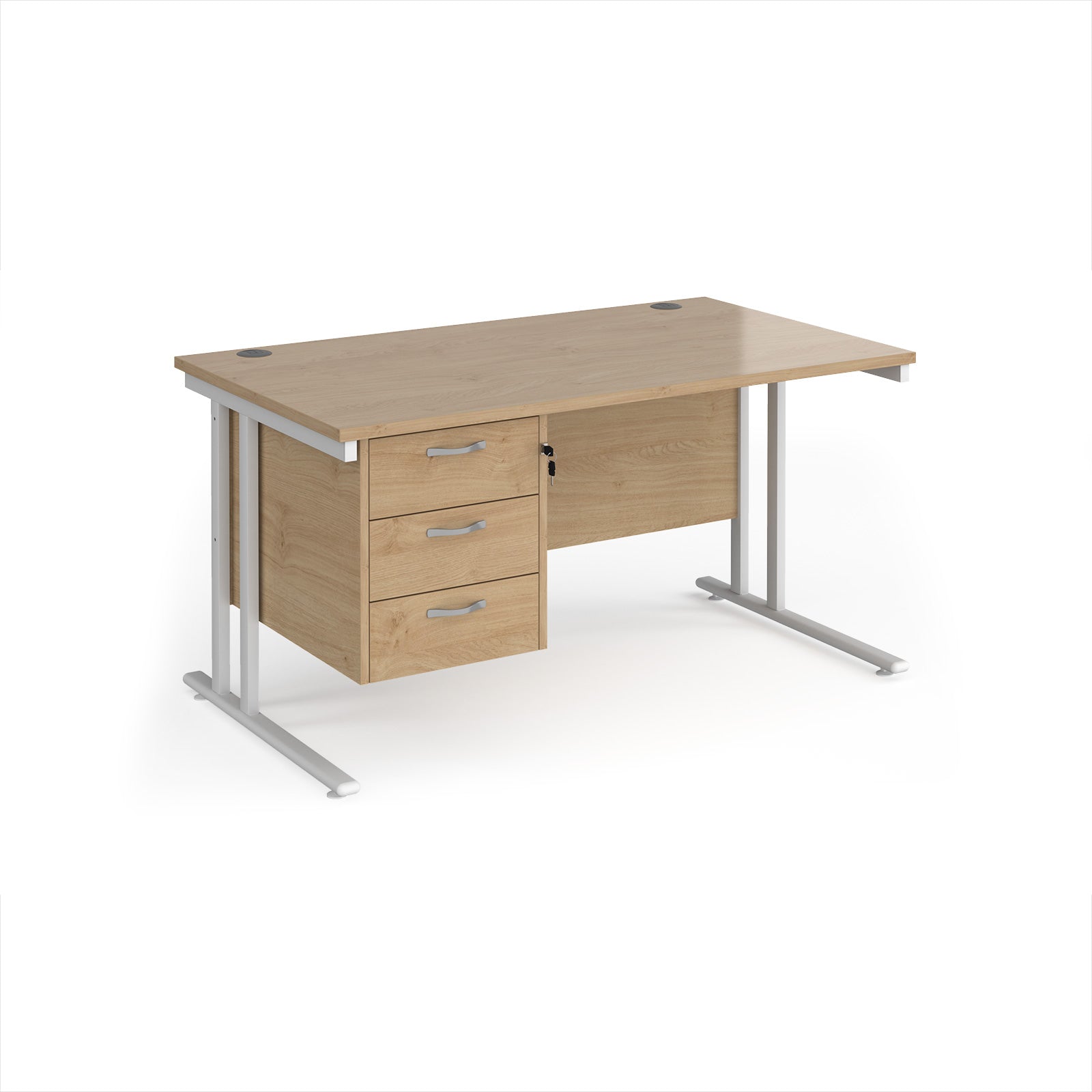 Wooden office desk with metal legs and three drawers on a white background