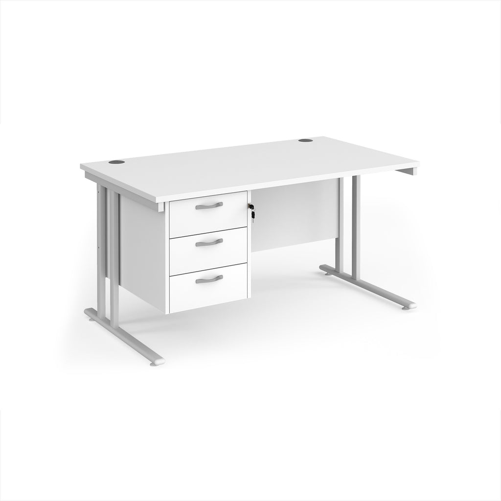 White office desk with silver legs and three drawers on a white background