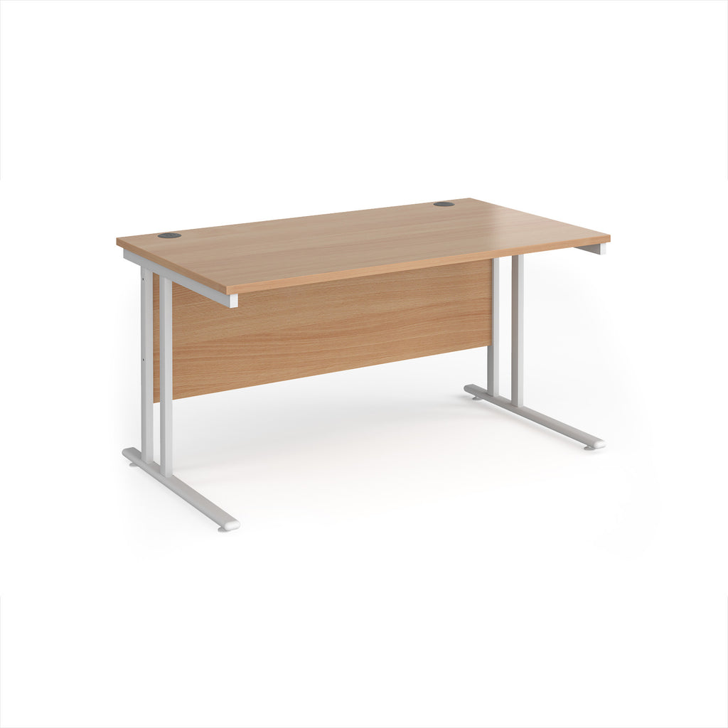 Wooden desk with white metal legs on a white background