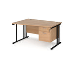 Wave desk with wood-effect top and matching pedestal with black frame on a white background