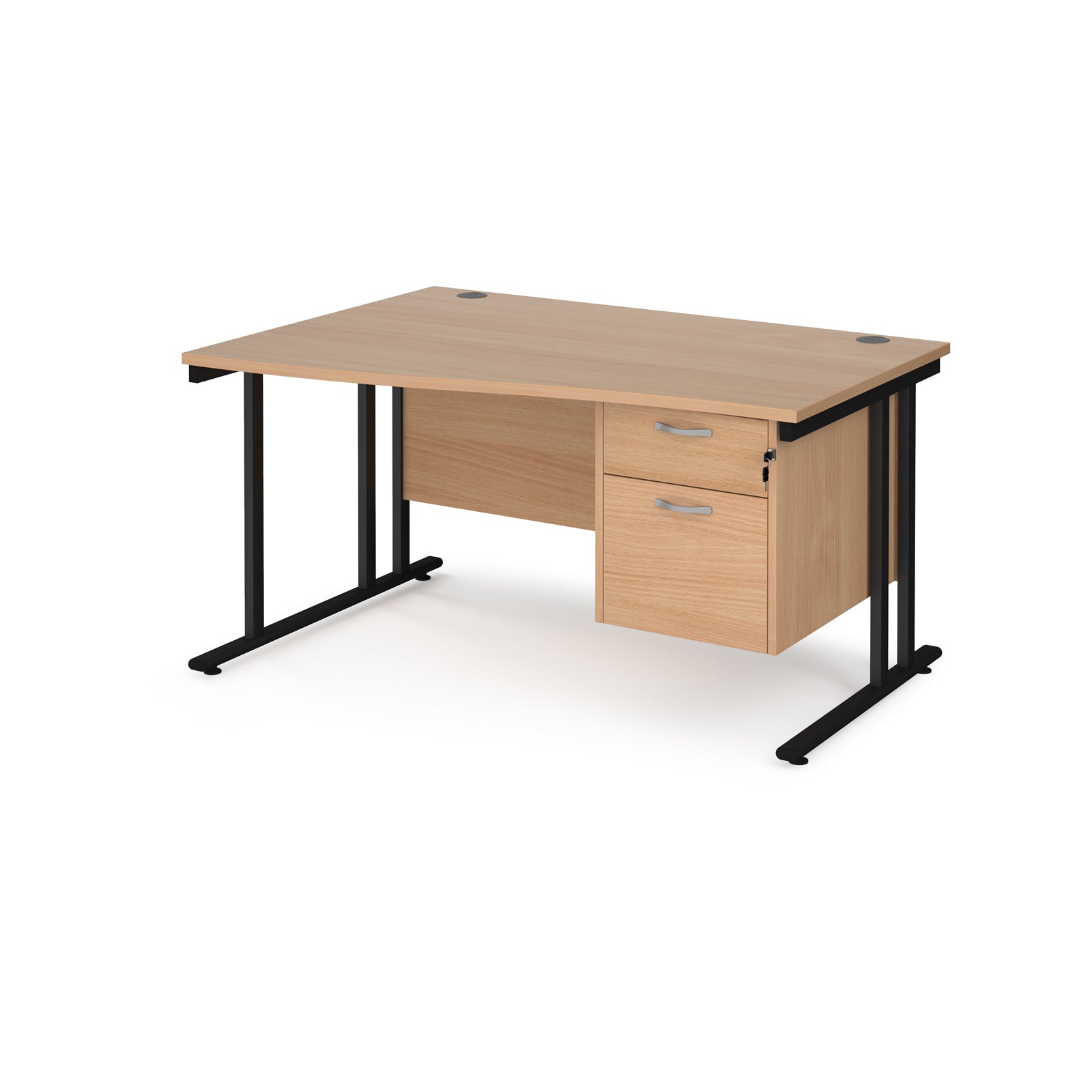 Wave desk with wood-effect top and matching pedestal with black frame on a white background