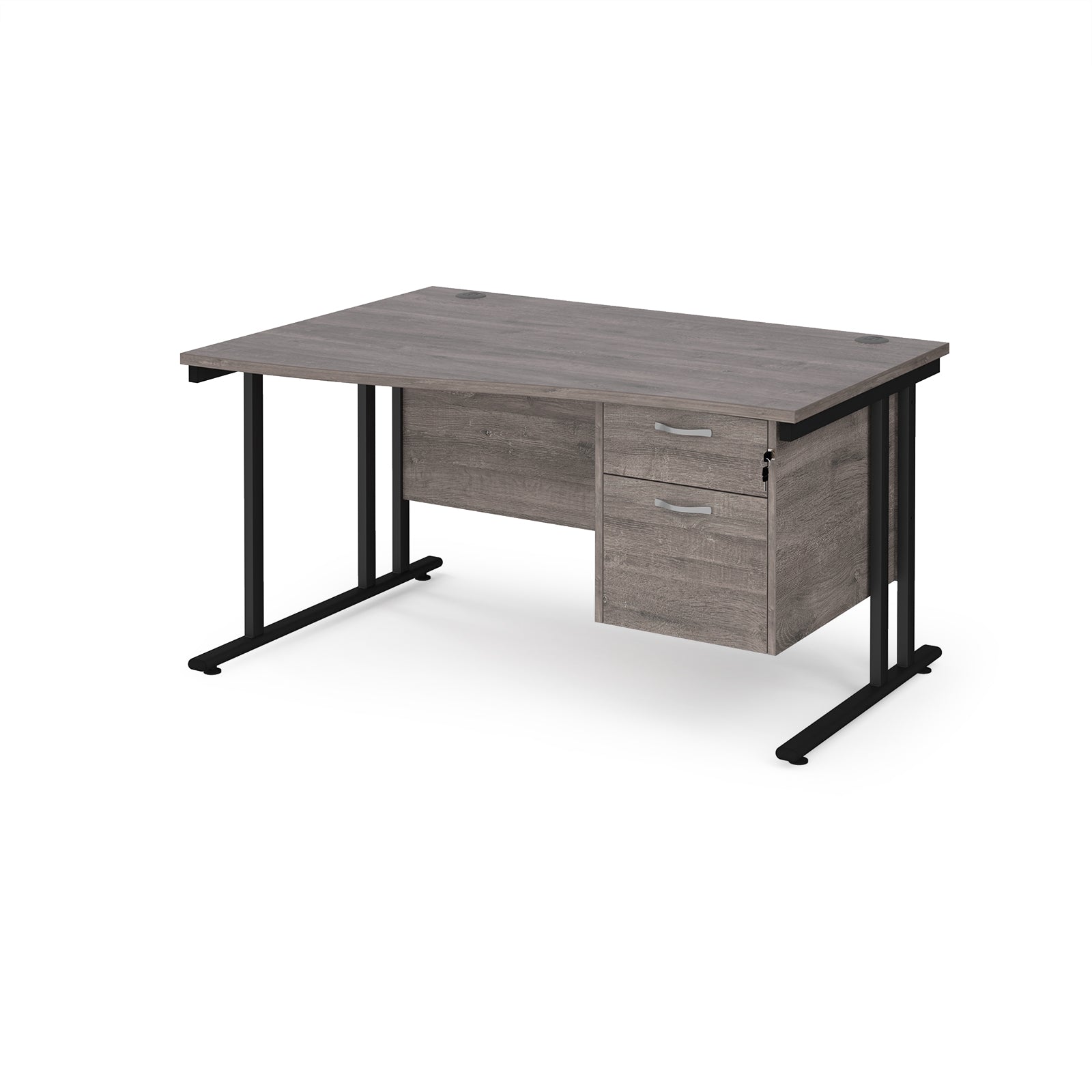 Wave desk with grey wood-effect top and matching pedestal with black frame on a white background