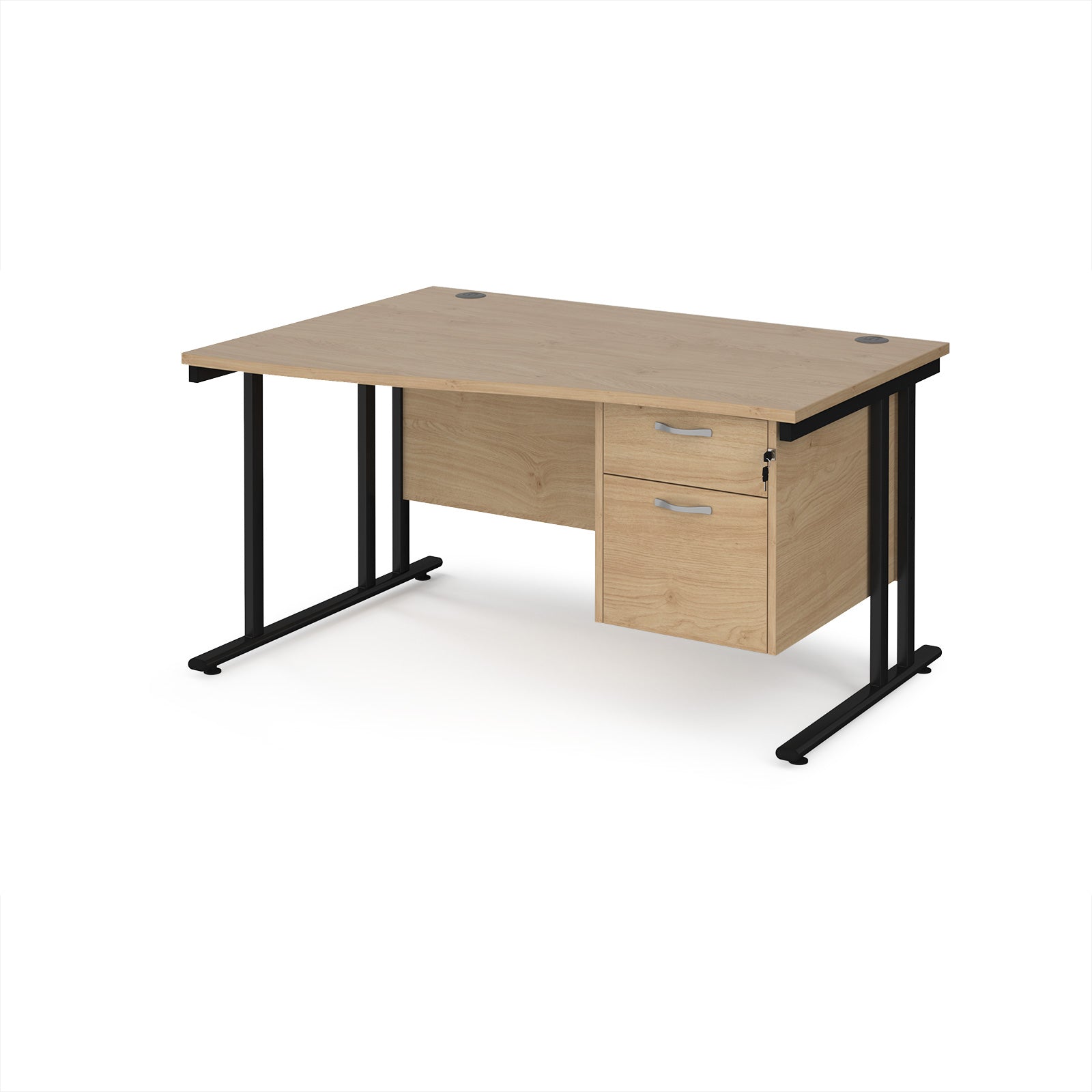 Wave desk with wood-effect top and matching pedestal with black frame on a white background