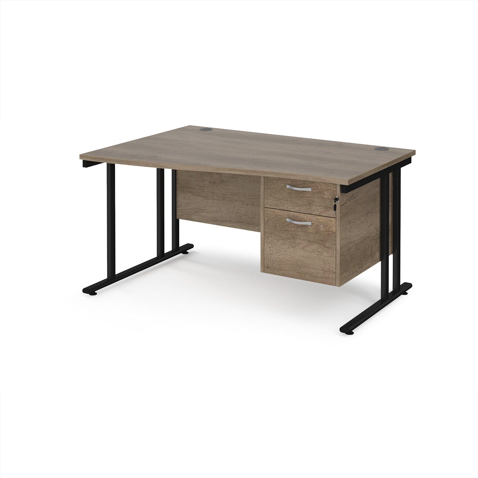 Wave desk with wood-effect top and matching pedestal with black frame on a white background