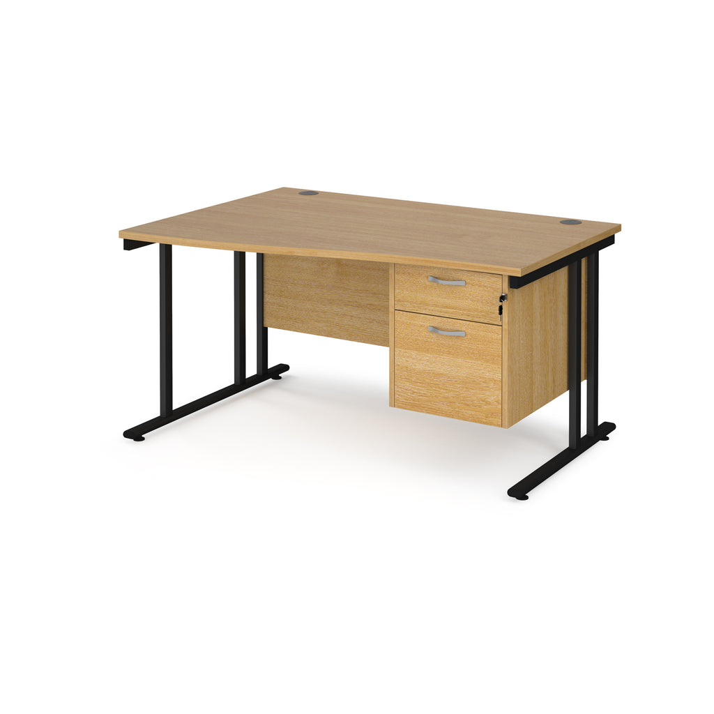 Wave desk with wood-effect top and matching pedestal with black frame on a white background