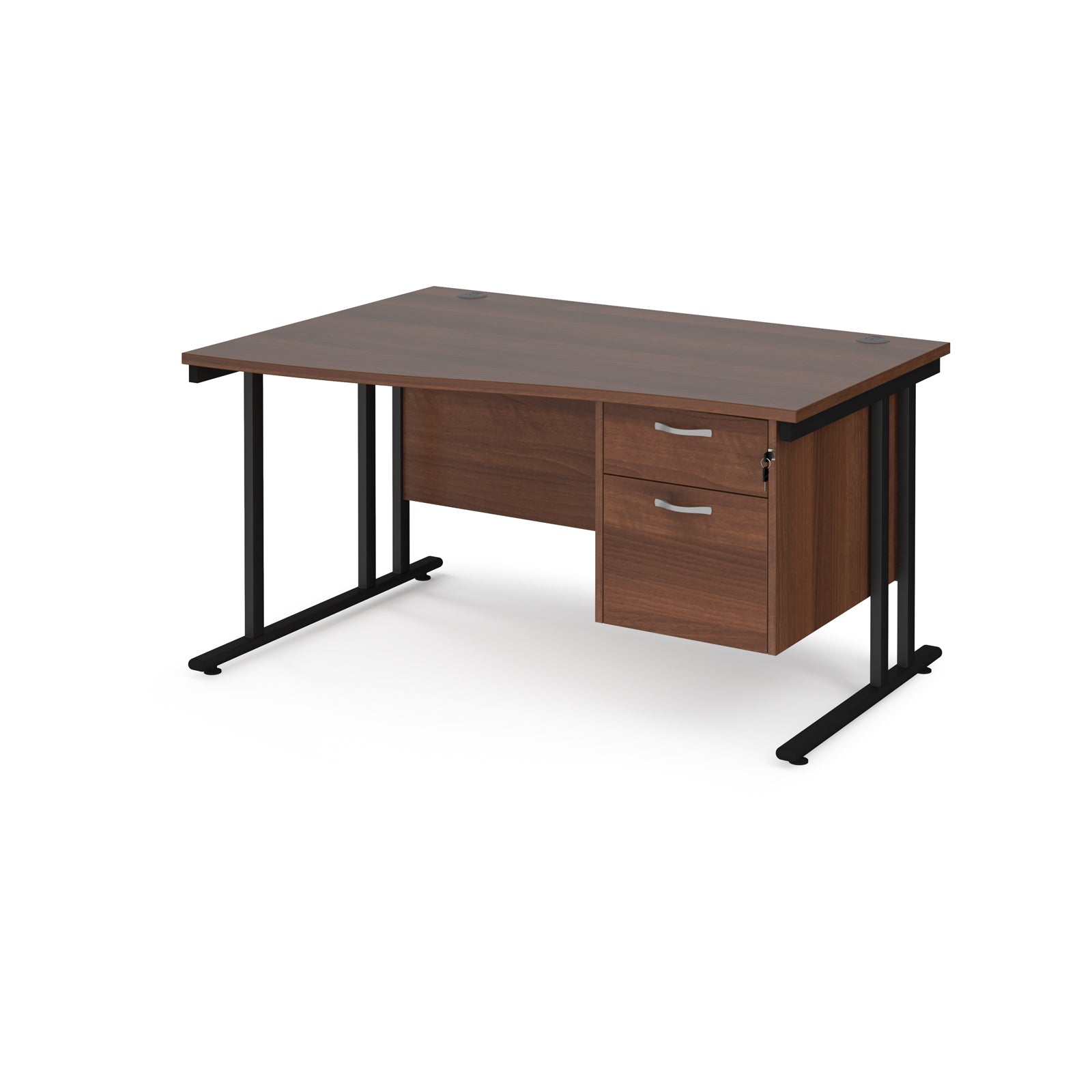 Wave desk with wood-effect top and matching pedestal with black frame on a white background