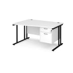 Wave desk with white top and matching pedestal with black frame on a white background