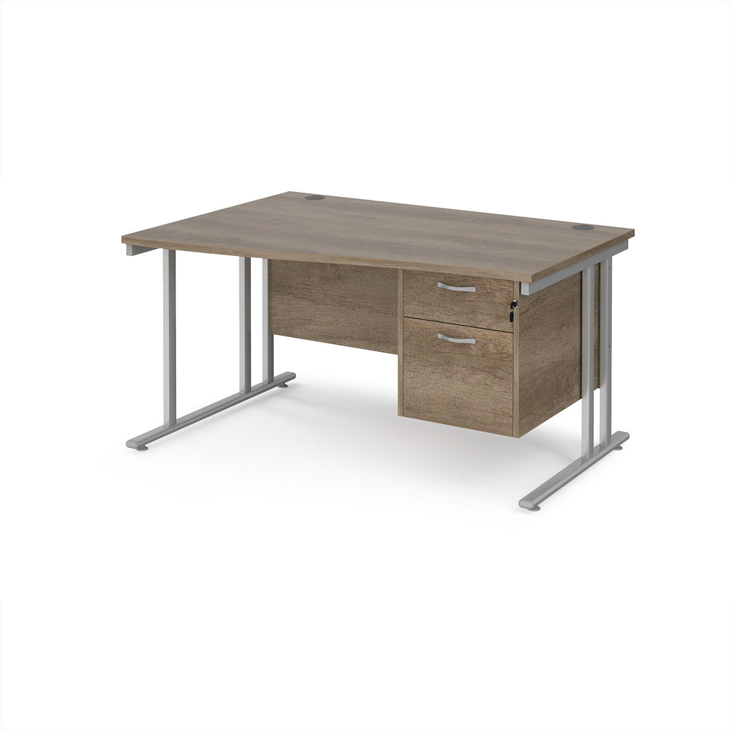 Wave desk with wood-effect top and matching pedestal with silver frame on a white background