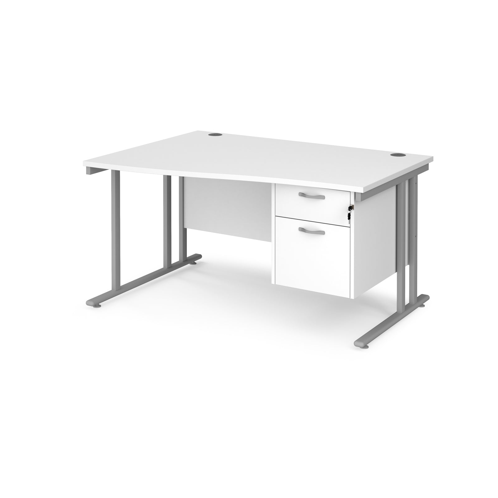 Wave desk with white top and matching pedestal with silver frame on a white background