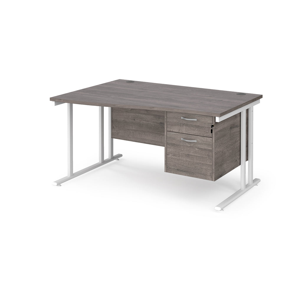Wave desk with grey wood-effect top and matching pedestal with white frame on a white background