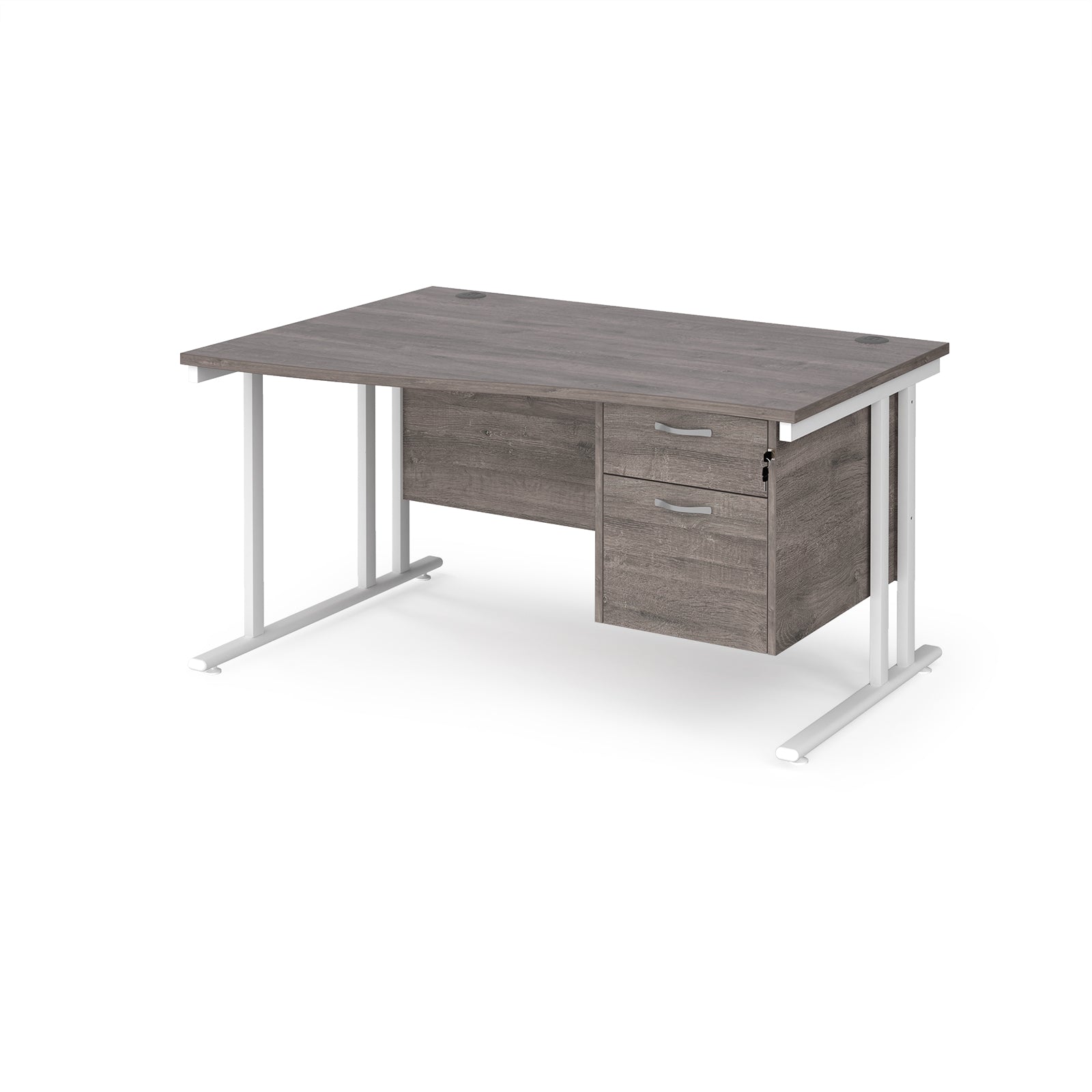 Wave desk with grey wood-effect top and matching pedestal with white frame on a white background