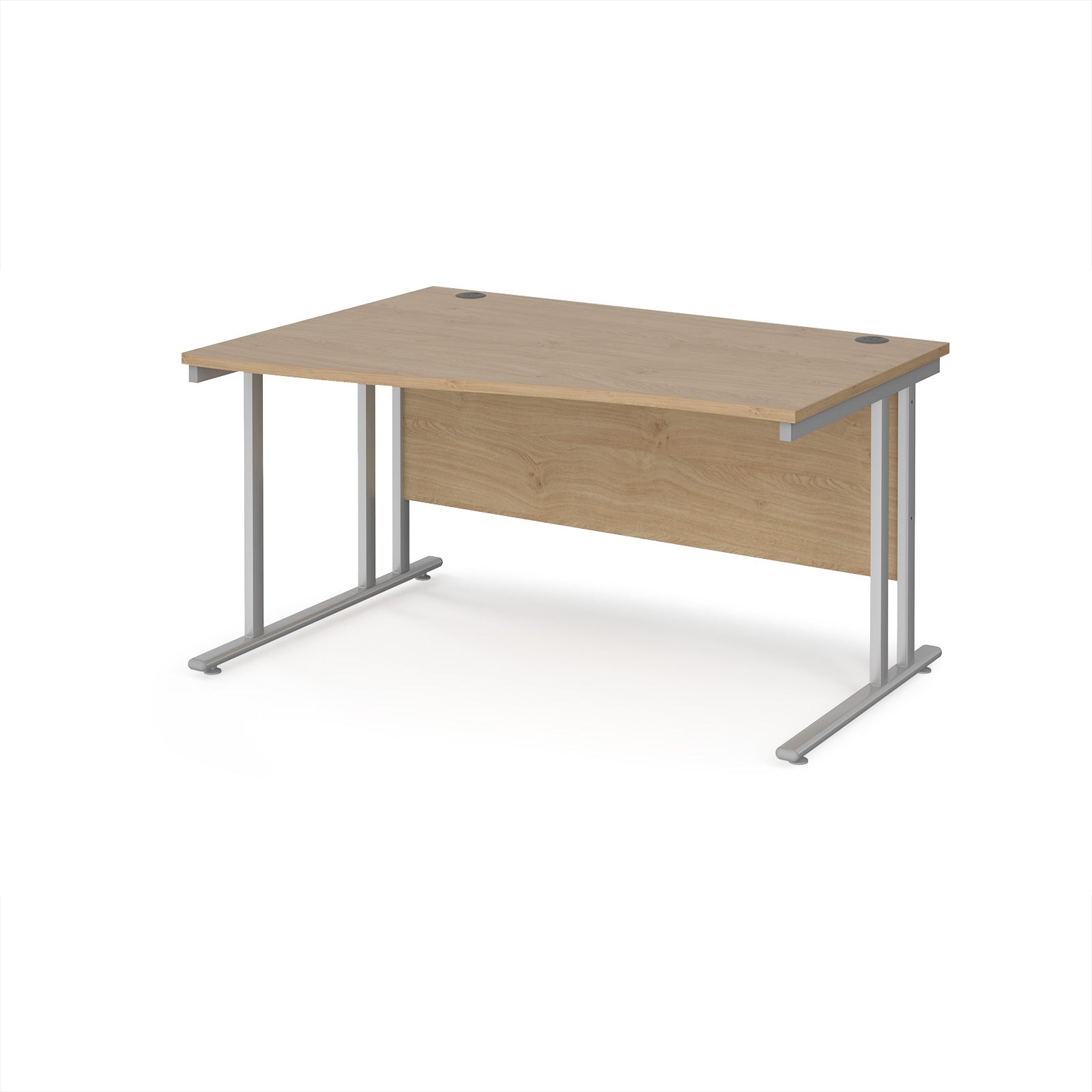 Wave desk with wood-effect top and silver metal legs on a white background