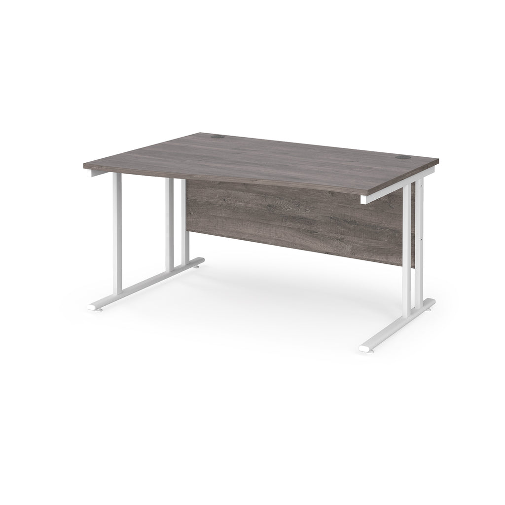 Wave desk with grey wood-effect top and white metal legs on a white background