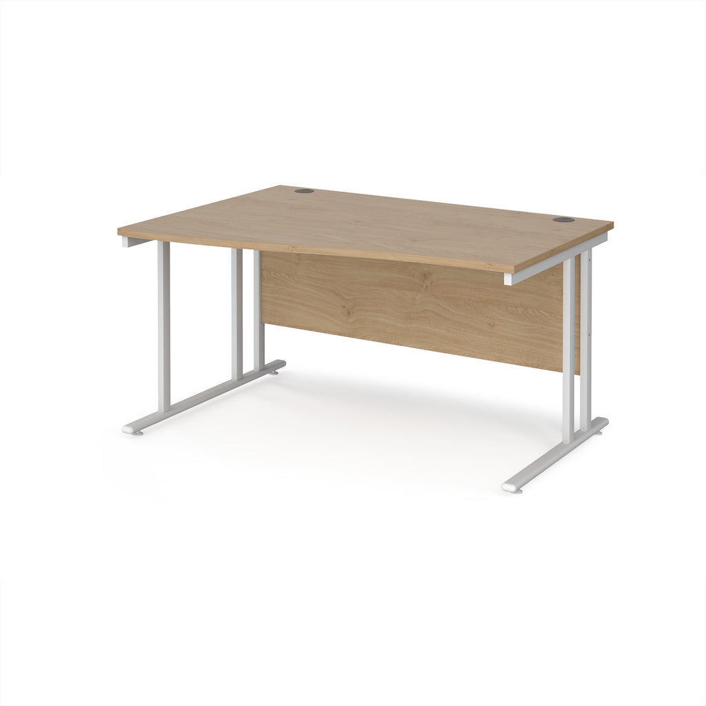 Wave desk with wood-effect top and white metal legs on a white background