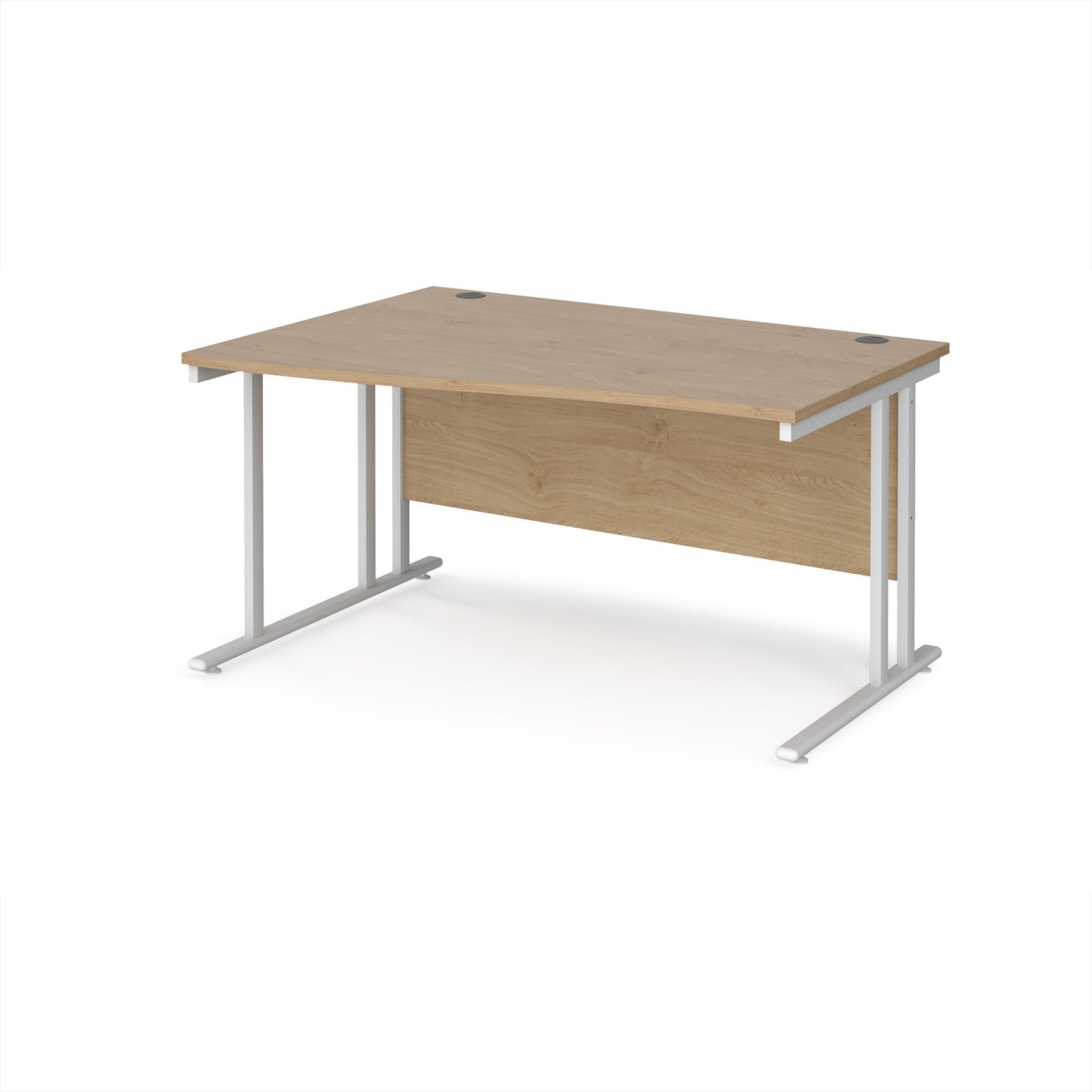 Wave desk with wood-effect top and white metal legs on a white background