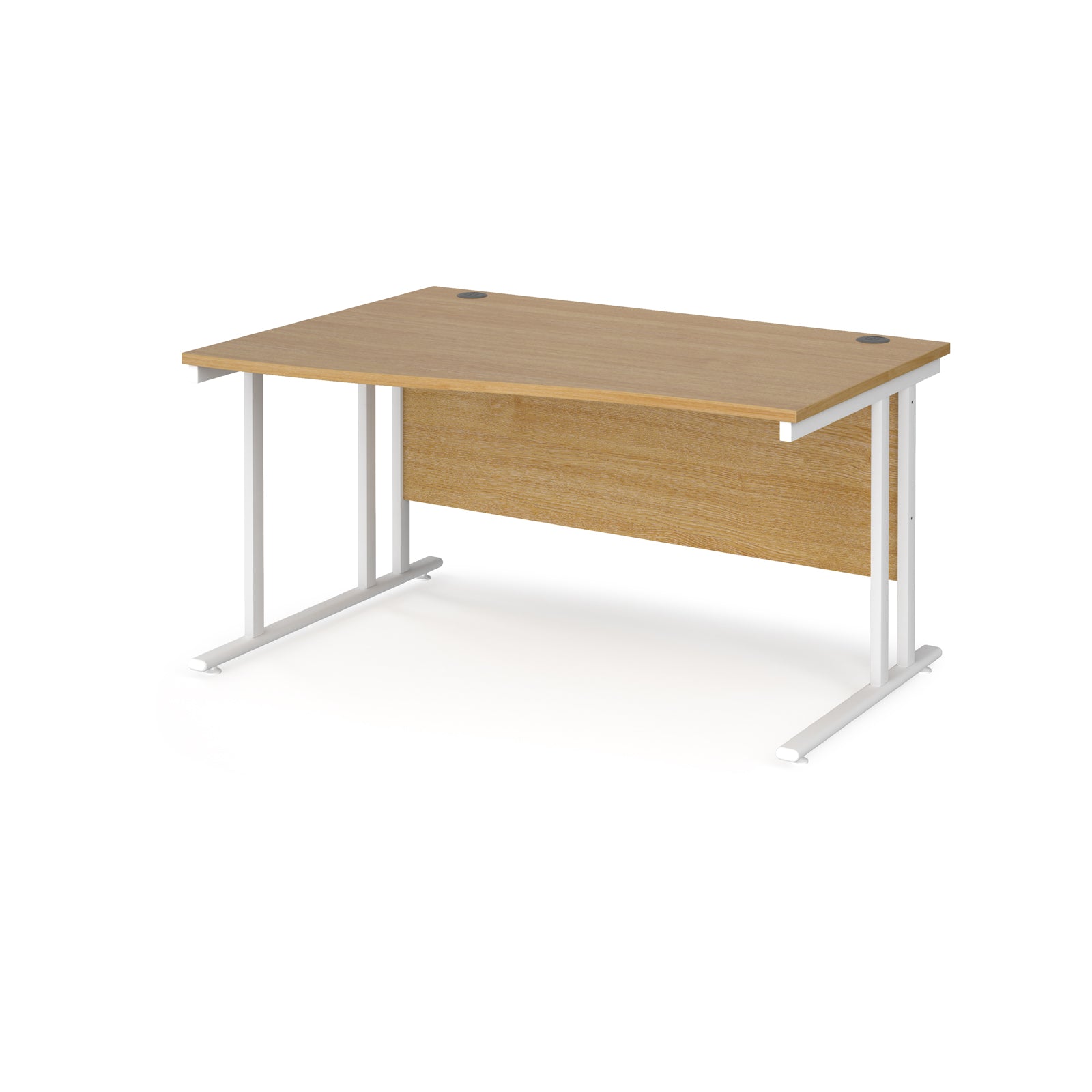 Wave desk with wood-effect top and white metal legs on a white background