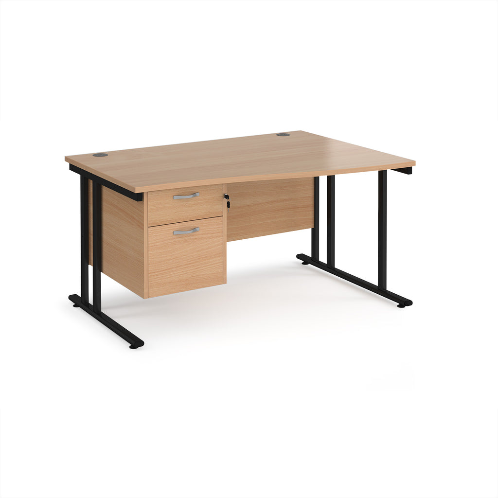 Wave desk with wood-effect top and matching pedestal with black frame on a white background