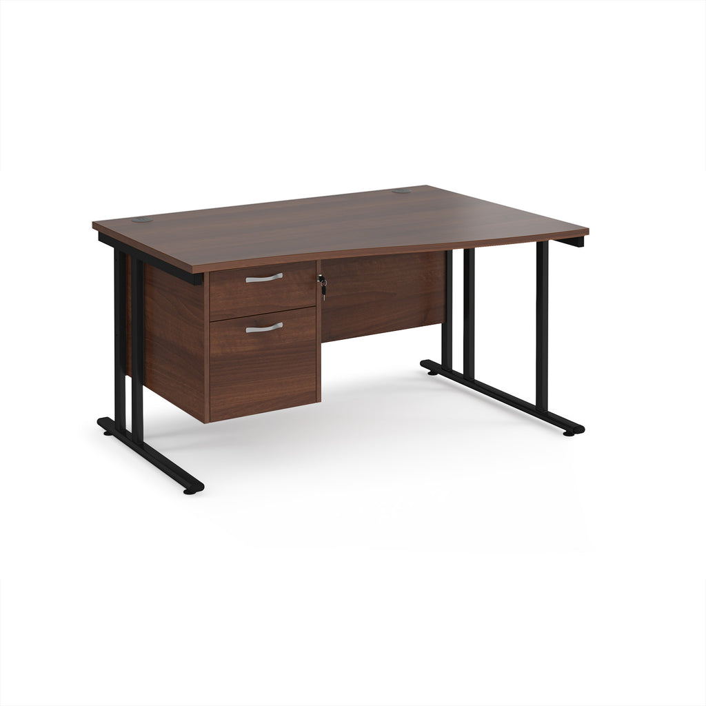 Wave desk with wood-effect top and matching pedestal with black frame on a white background