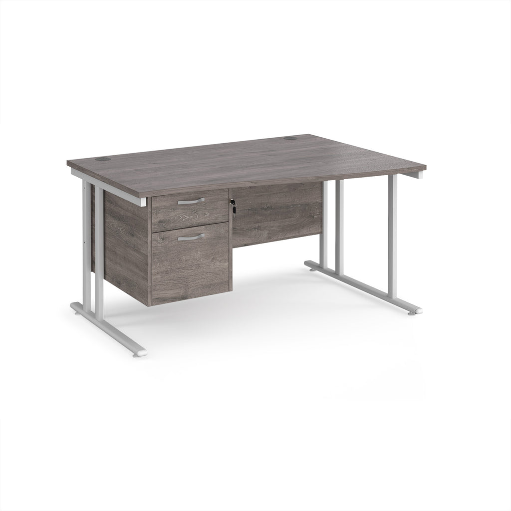 Wave desk with grey wood-effect top and matching pedestal with white frame on a white background