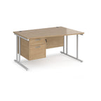 Wave desk with wood-effect top and matching pedestal with white frame on a white background