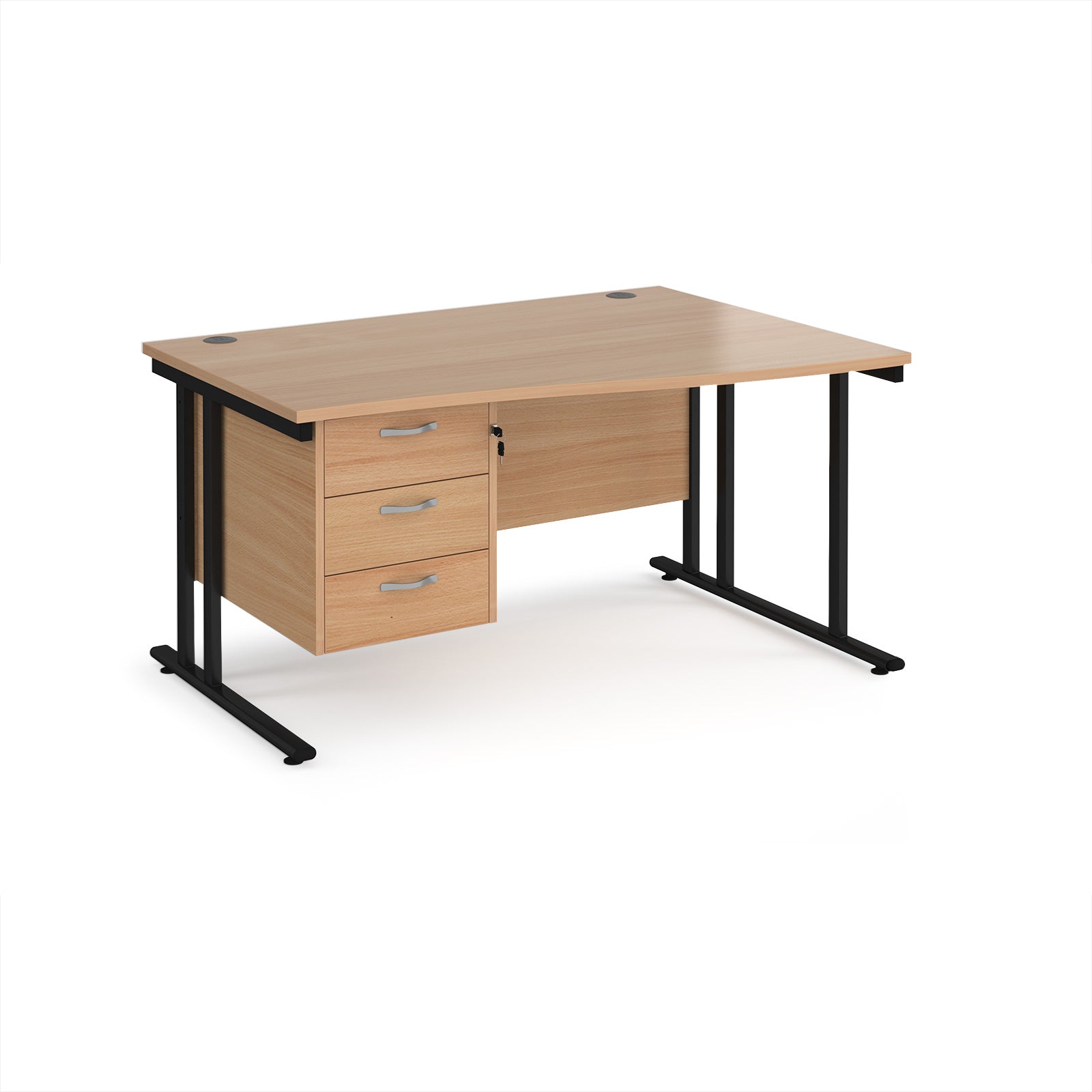 Wave desk with wood-effect top and matching pedestal with black frame on a white background