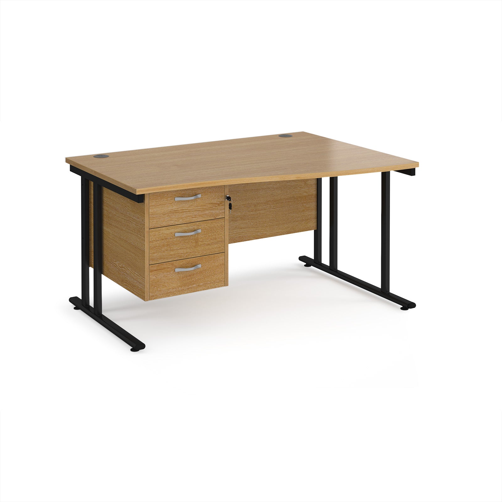 Wave desk with wood-effect top and matching pedestal with black frame on a white background