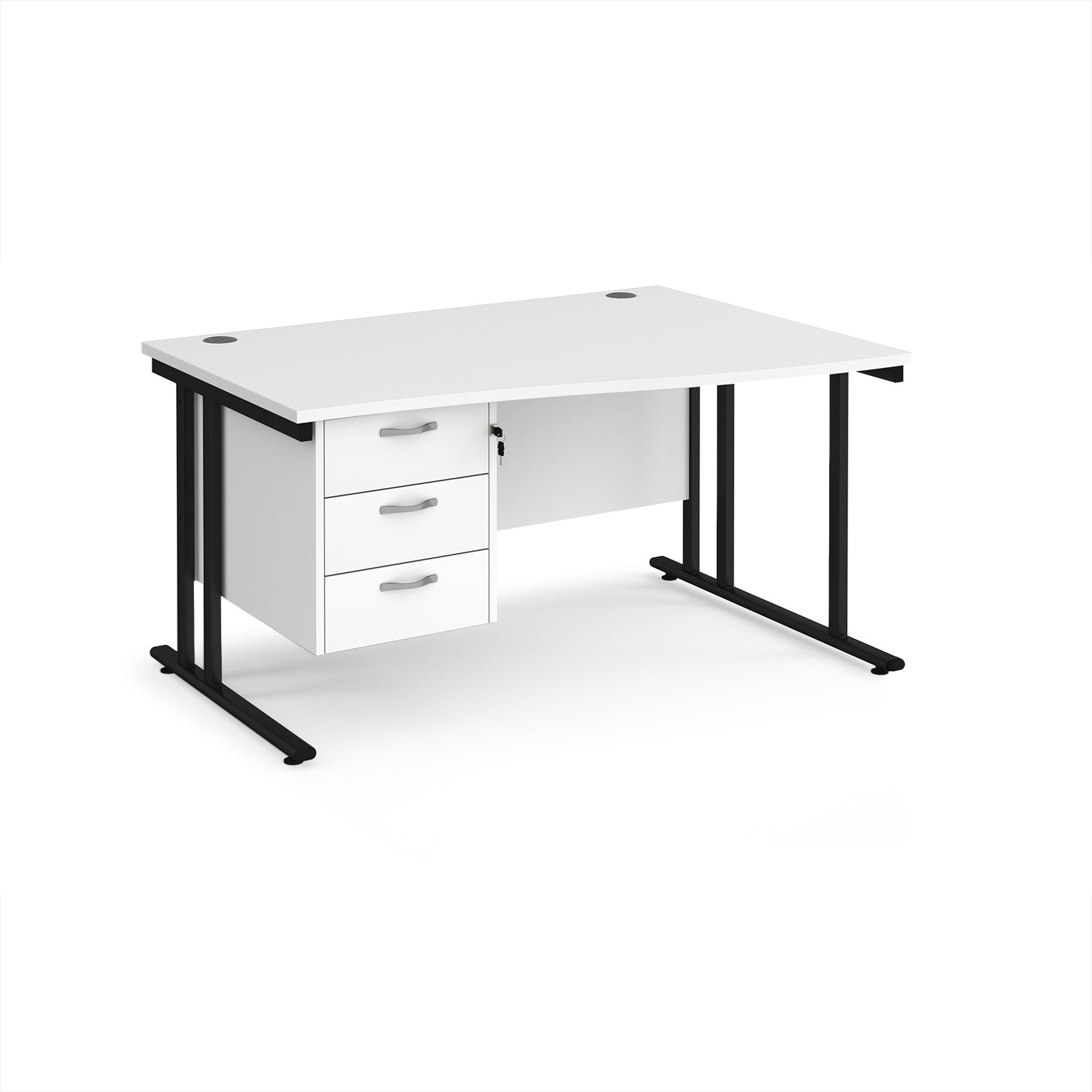 Wave desk with white top and matching pedestal with black frame on a white background