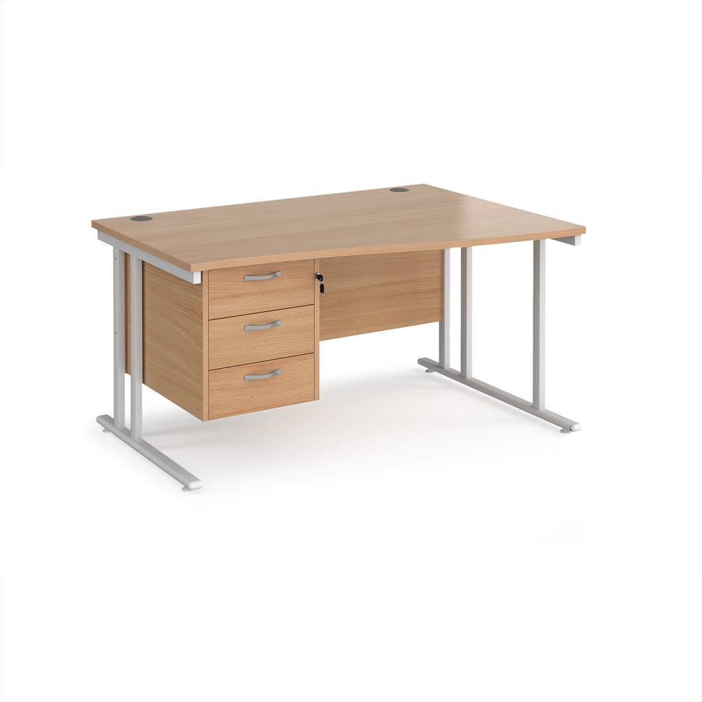 Wave desk with wood-effect top and matching pedestal with white frame on a white background