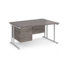 Wave desk with grey wood-effect top and matching pedestal with white frame on a white background
