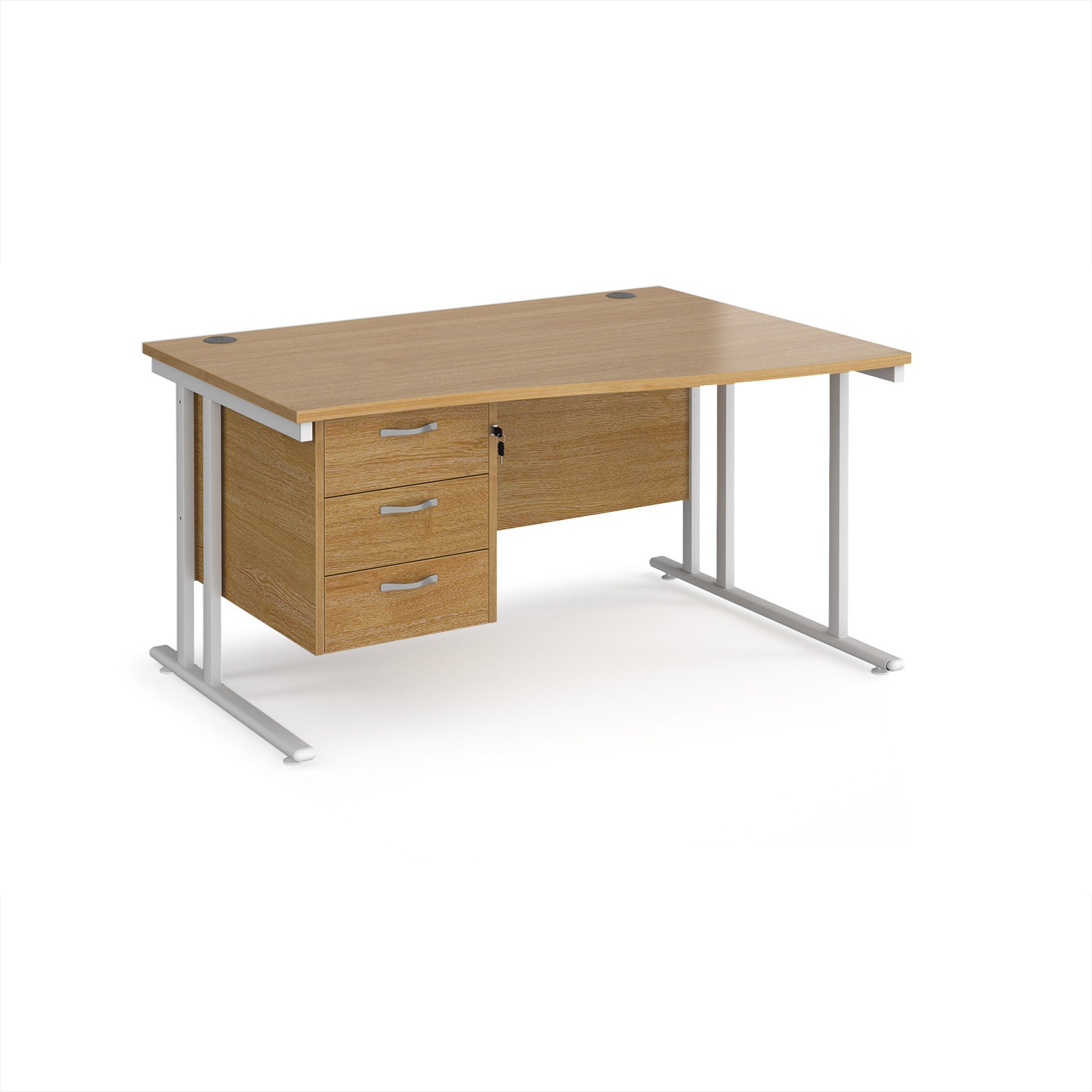 Wave desk with wood-effect top and matching pedestal with white frame on a white background