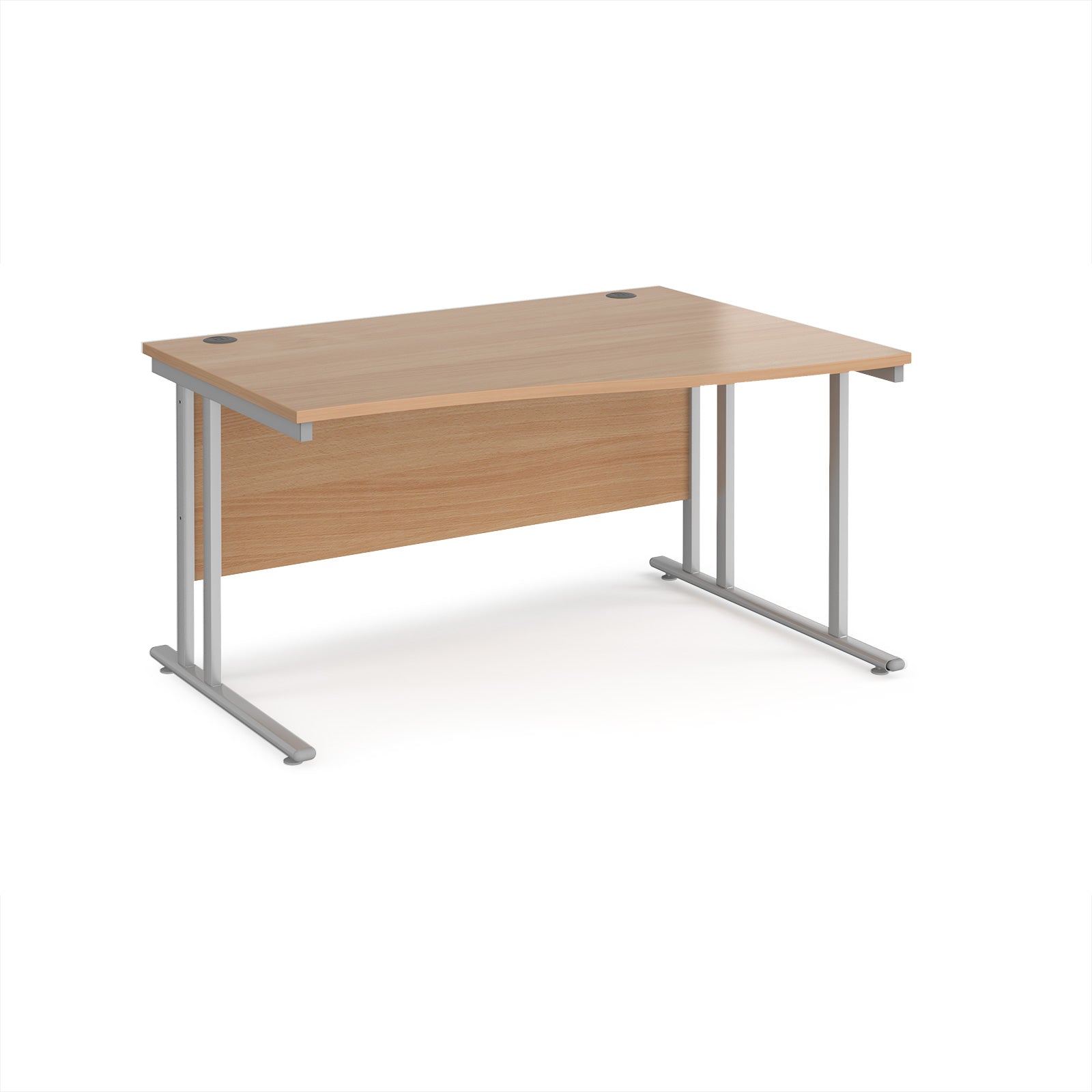 Wave desk with wood-effect top and silver metal legs on a white background