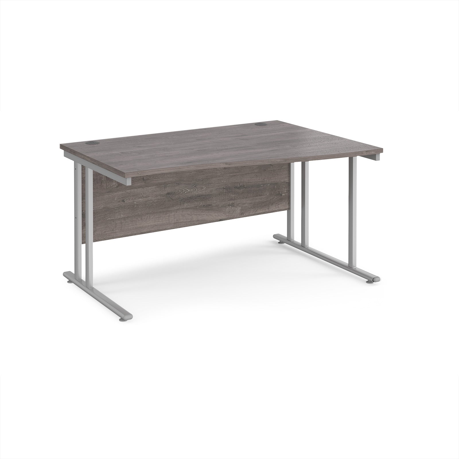 Wave desk with grey wood-effect top and silver metal legs on a white background