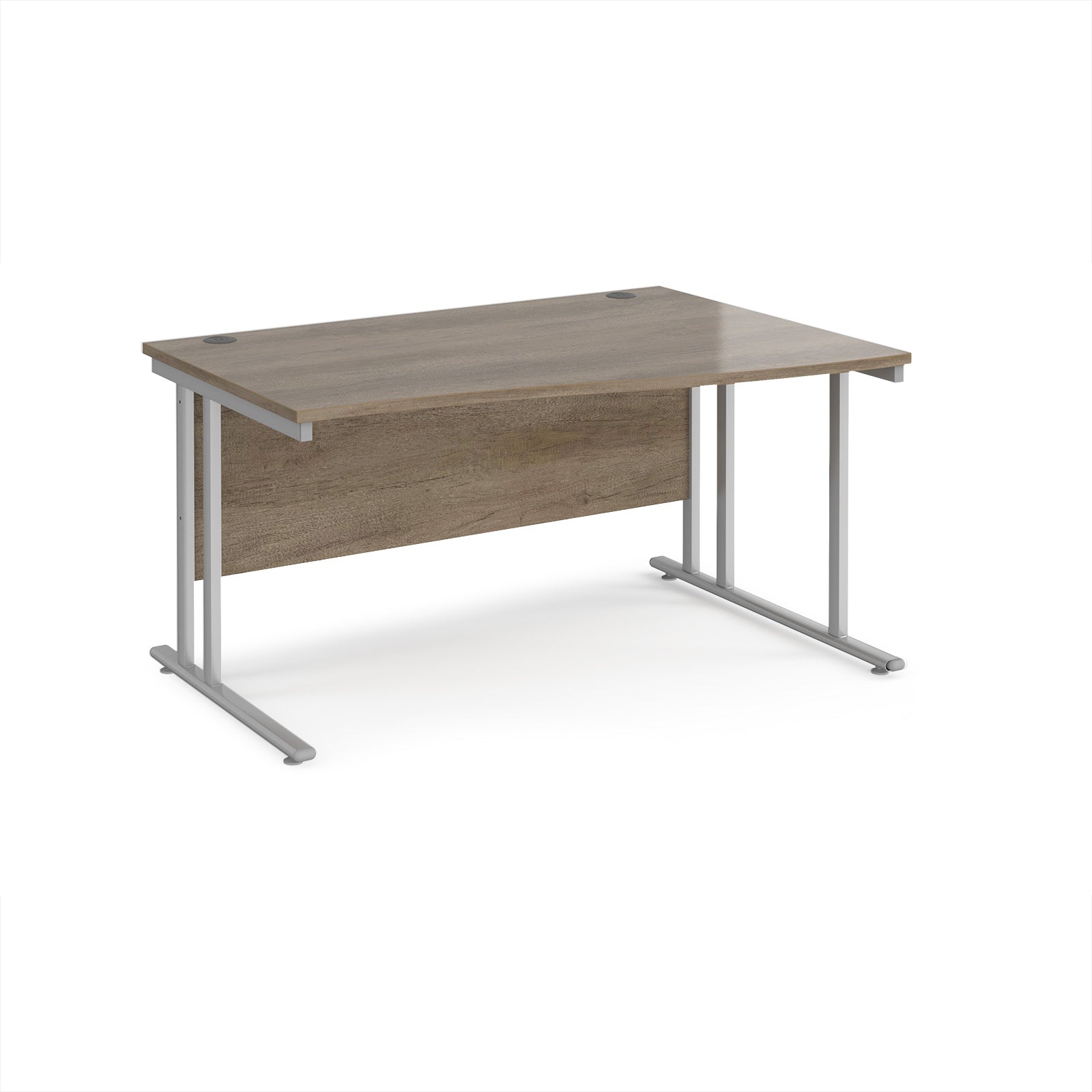 Wave desk with grey wood-effect top and silver metal legs on a white background