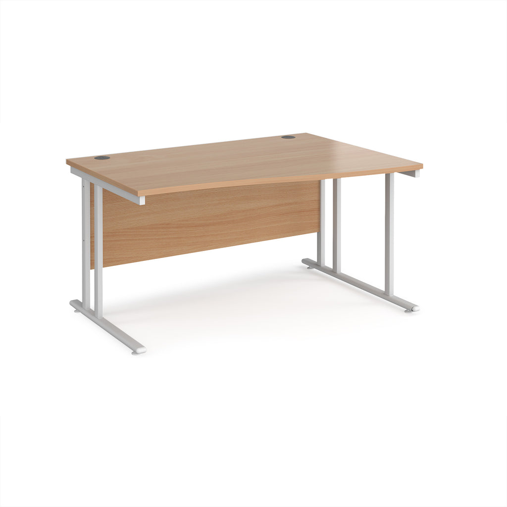 Wave desk with wood-effect top and white metal legs on a white background