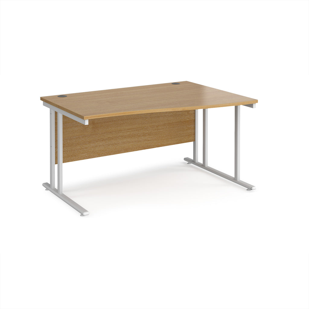 Wave desk with wood-effect top and white metal legs on a white background