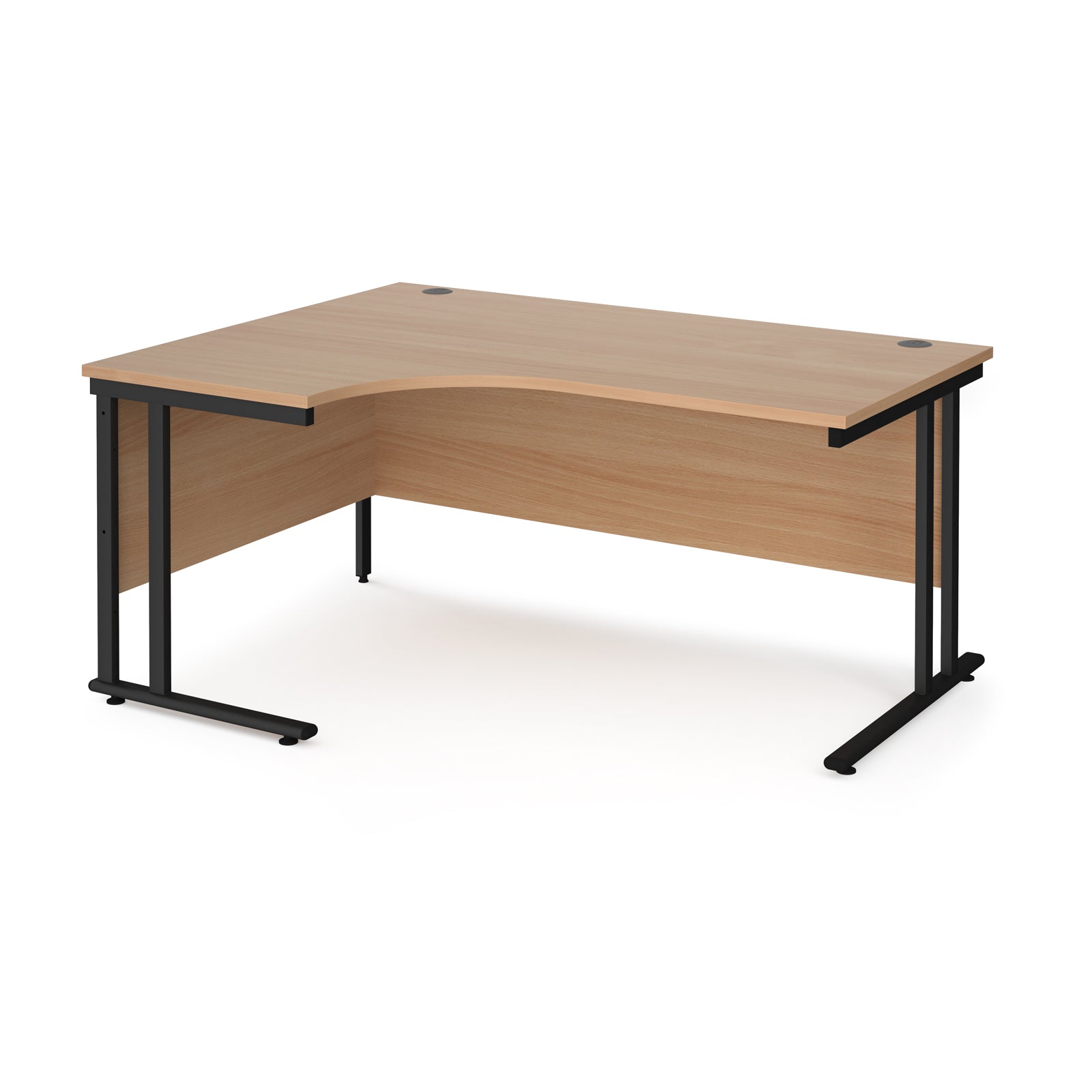 Wooden corner desk with black metal legs on a white background