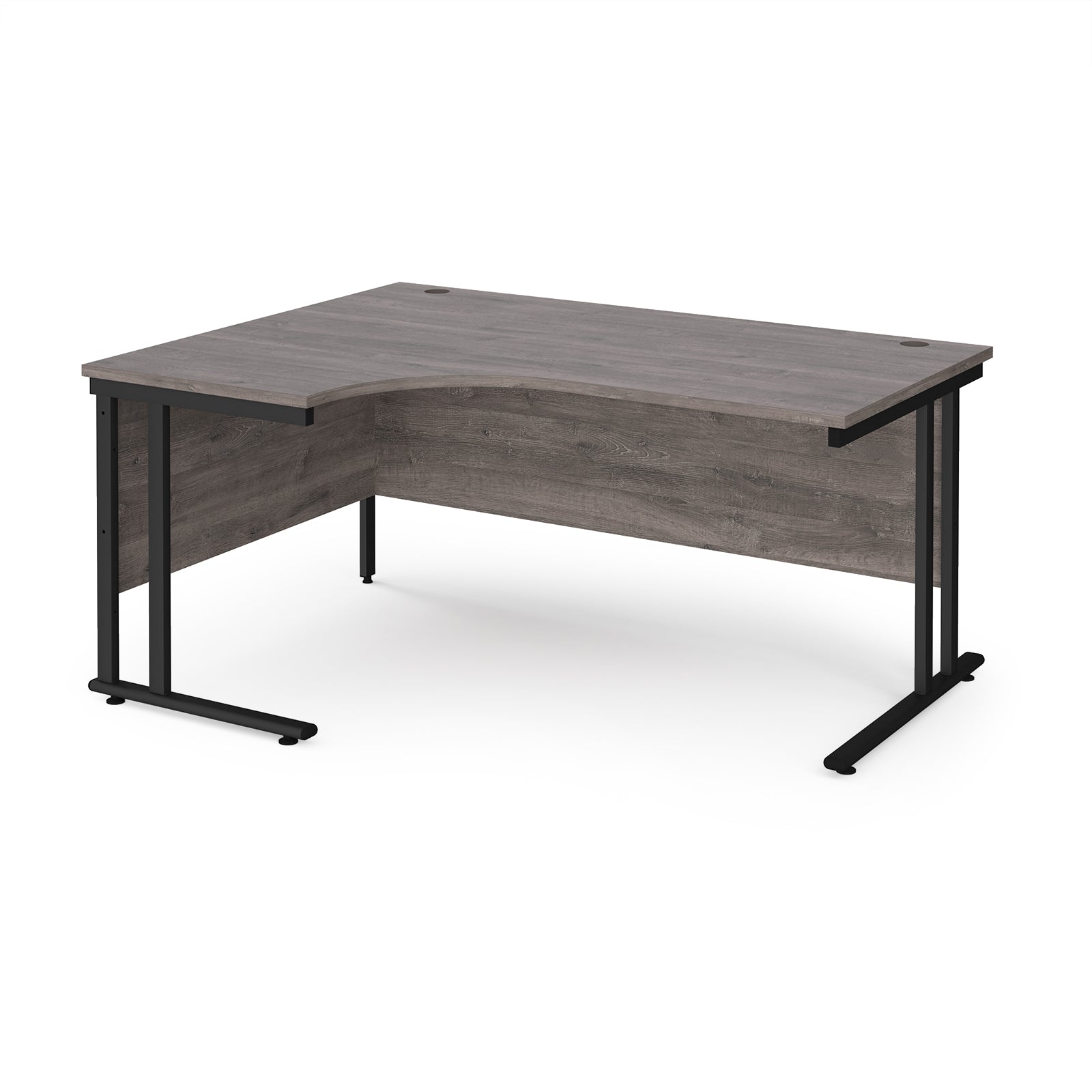 Corner office desk with wooden surface and black metal legs on a white background
