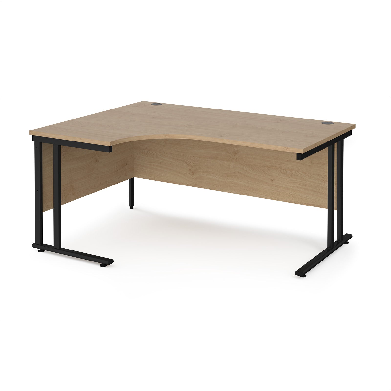 Corner office desk with wooden surface and black metal legs on a white background