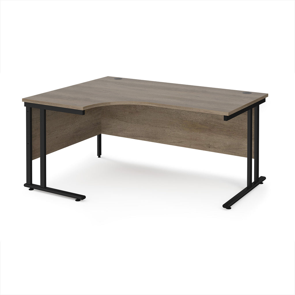 Corner office desk with wooden surface and black metal legs on a white background