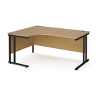 Corner office desk with wooden top and black metal legs on a white background