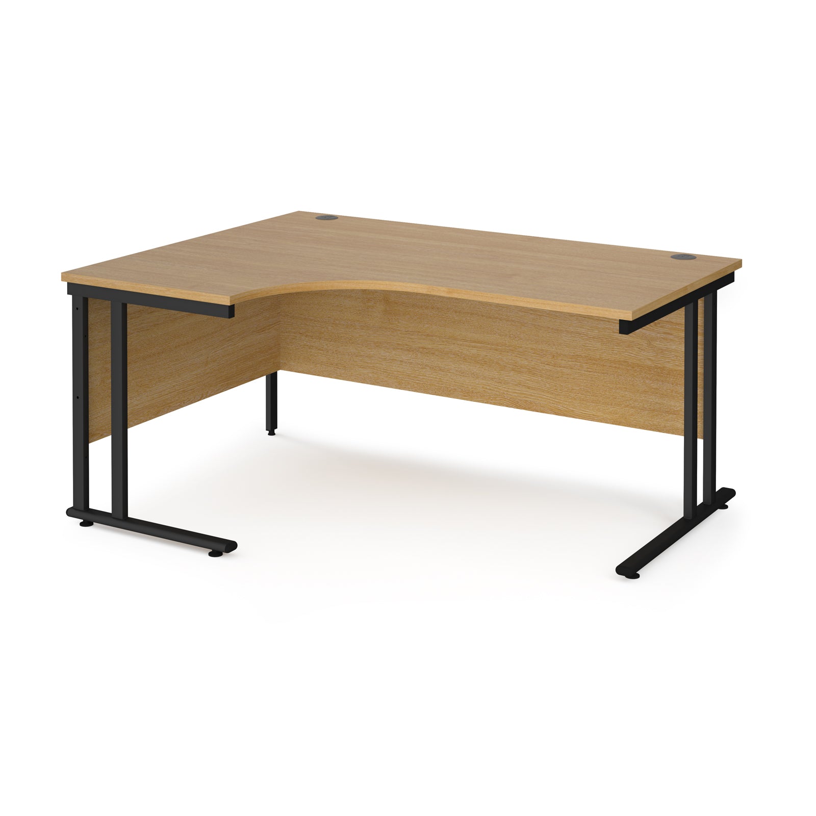 Corner office desk with wooden top and black metal legs on a white background