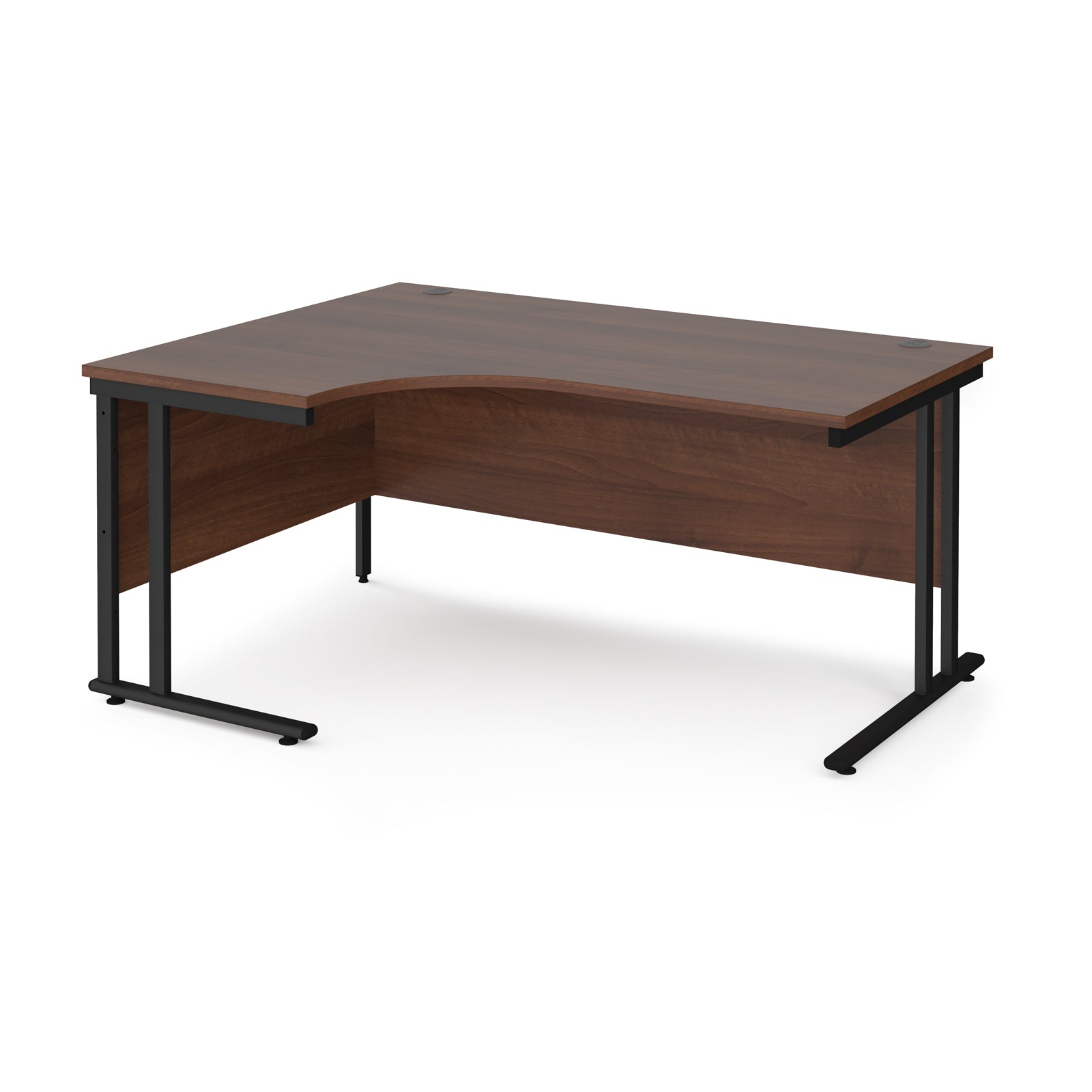 Wooden corner desk with black metal legs on a white background