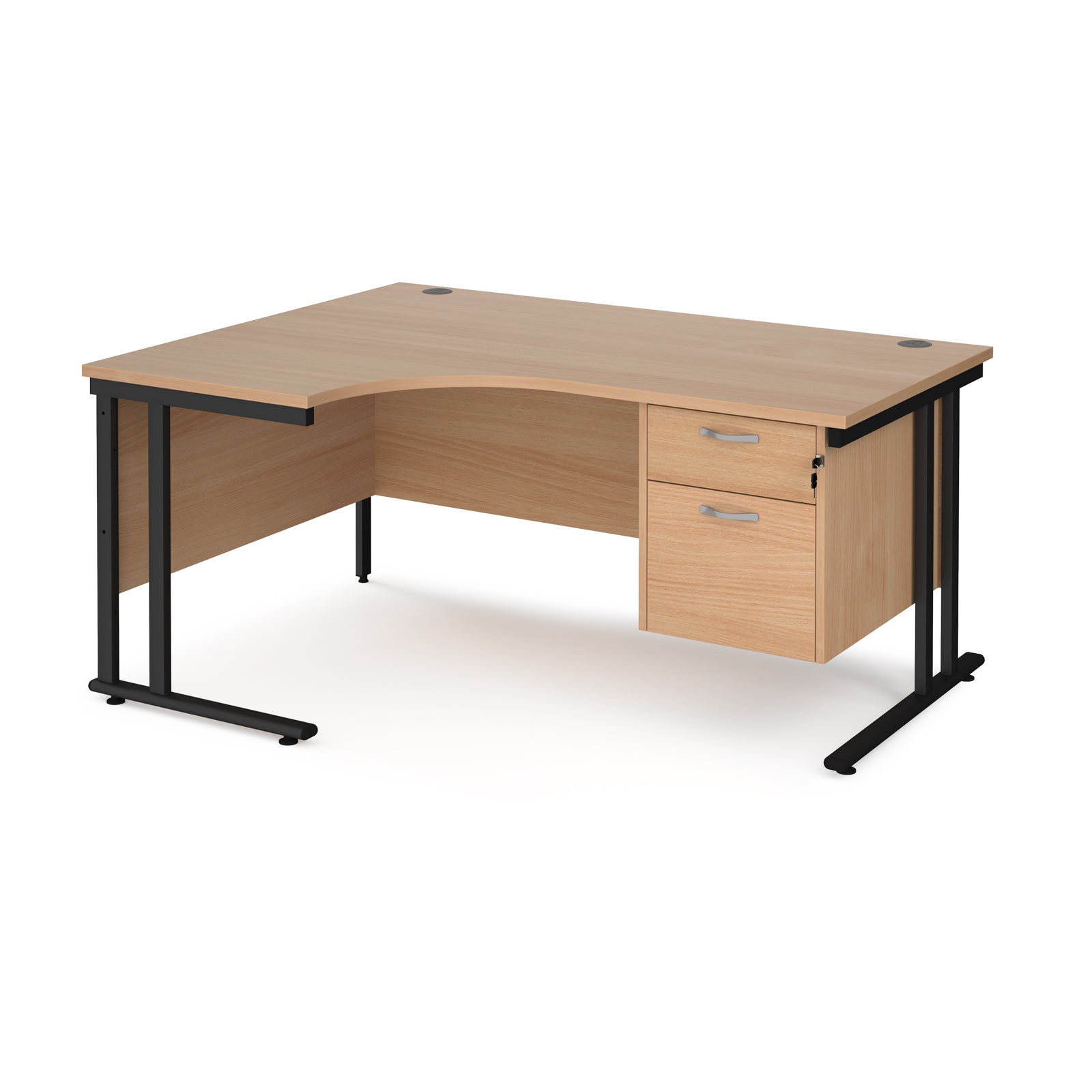 Ergonomic desk with wood-effect top and matching pedestal with black frame on a white background