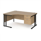 Ergonomic desk with wood-effect top and matching pedestal with black frame on a white background