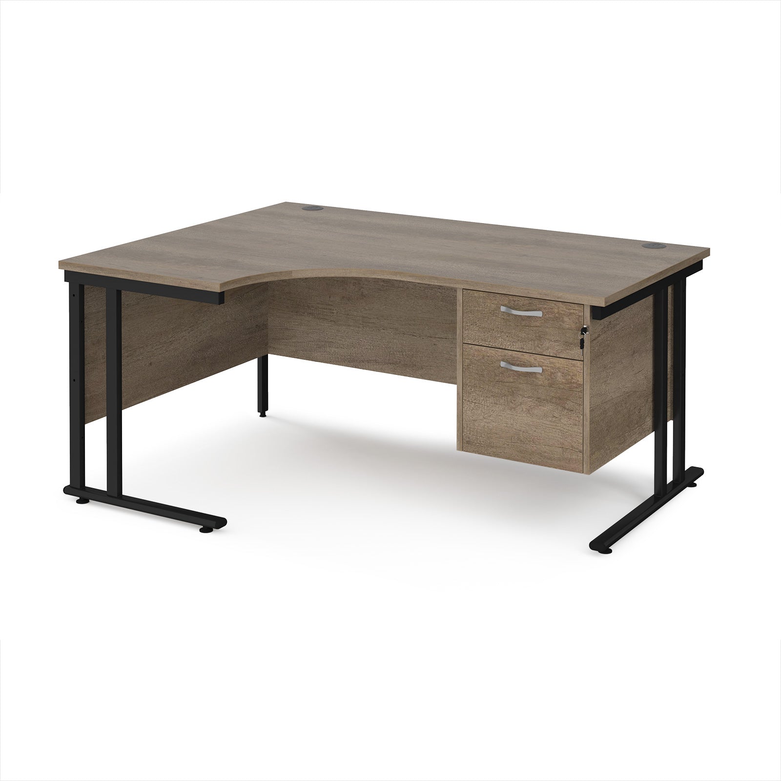 Ergonomic desk with wood-effect top and matching pedestal with black frame on a white background