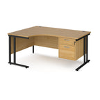 Ergonomic desk with wood-effect top and matching pedestal with black frame on a white background