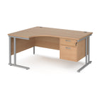 Ergonomic desk with wood-effect top and matching pedestal with silver frame on a white background