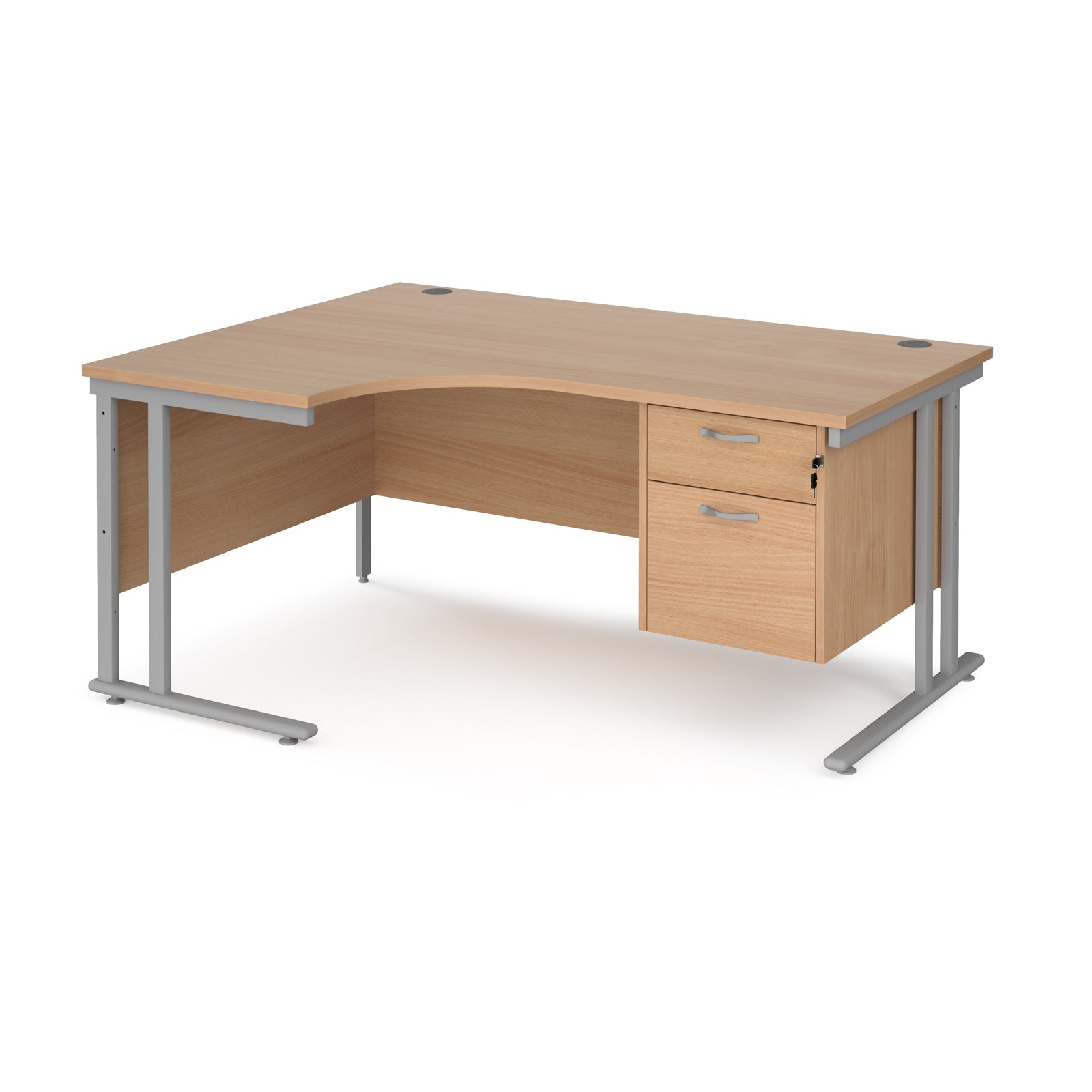 Ergonomic desk with wood-effect top and matching pedestal with silver frame on a white background
